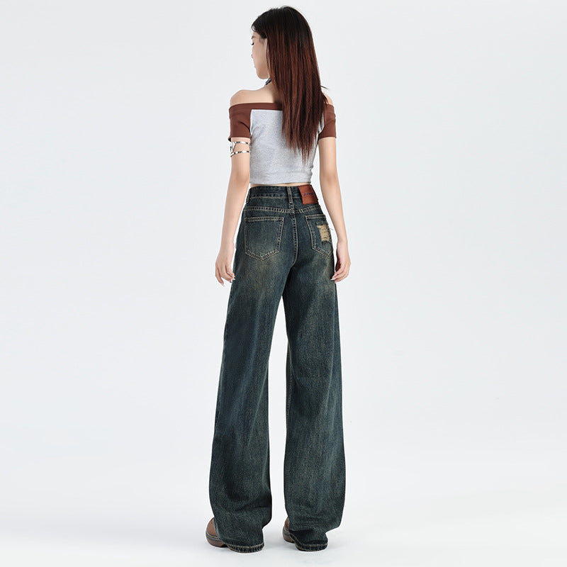 2025 Cement gray jeans women's autumn popular new high waist thin ripped straight narrow version mopping small pants