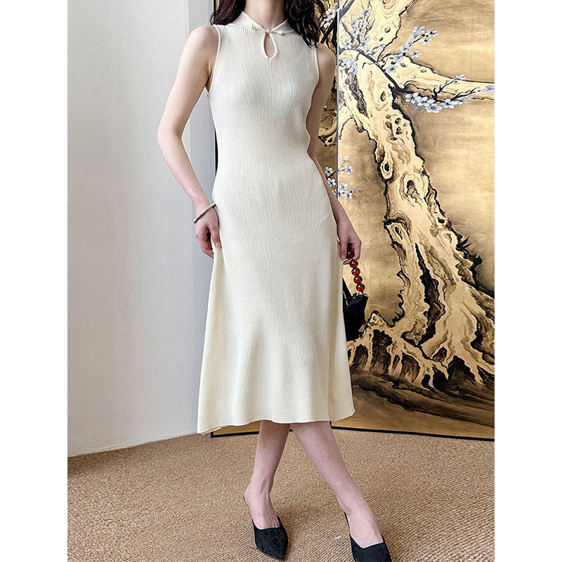 2025 popular spring and summer new Chinese retro buckle knitted dress female slim and thin long dress 511-1
