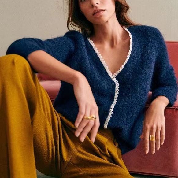2025 new retro lace V-neck mohair blend long-sleeved knitted cardigan jacket lazy wind sweater jacket
