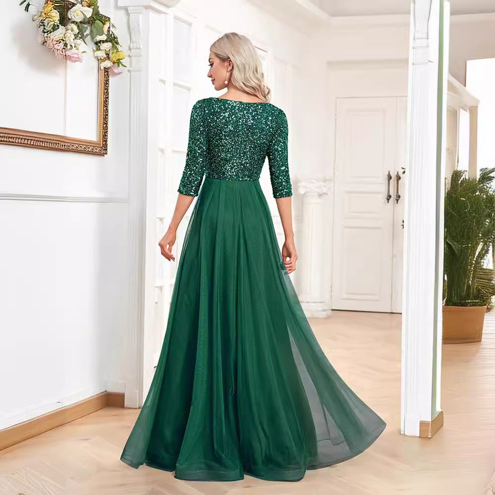 2025new V-neck short-sleeved sequined tulle A-word landing elegant dance evening dress fashion party dress