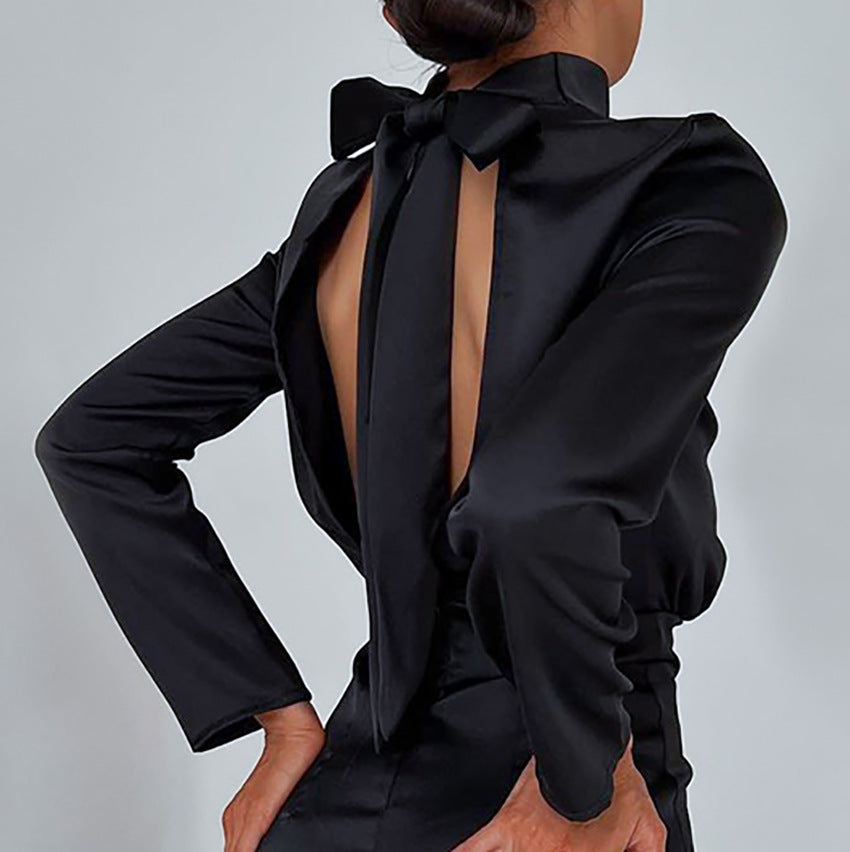 2025 popular spring new satin waist dress halter bow turtleneck A-word skirt short skirt Popular trade women