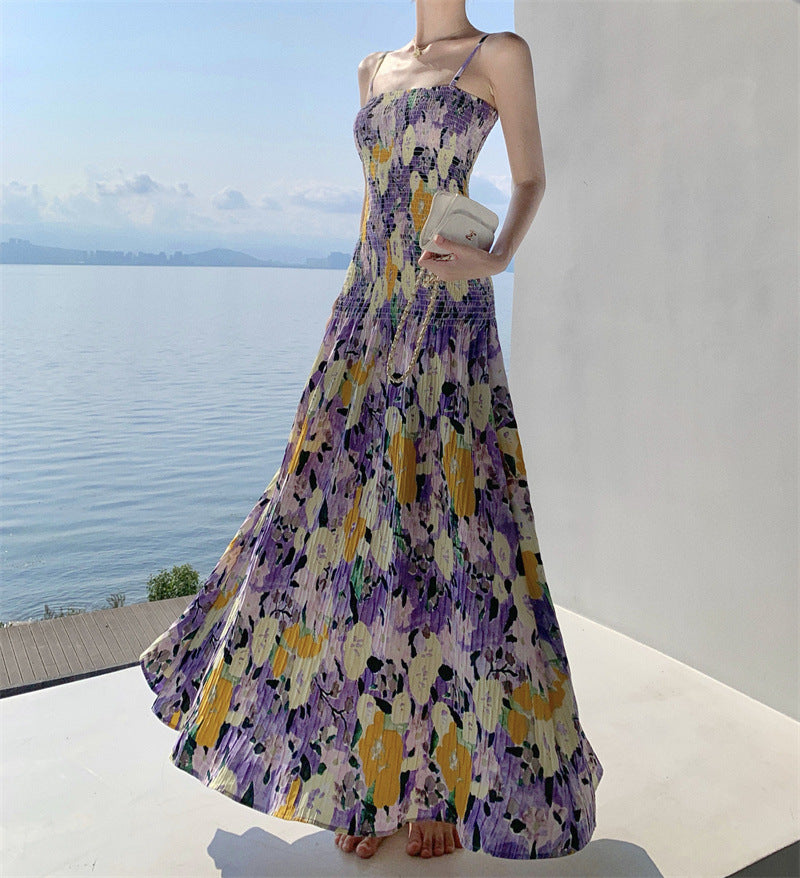 2025 Travel photo nice skirt summer romantic bohemian oil painting smudge atmosphere vacation suspender skirt