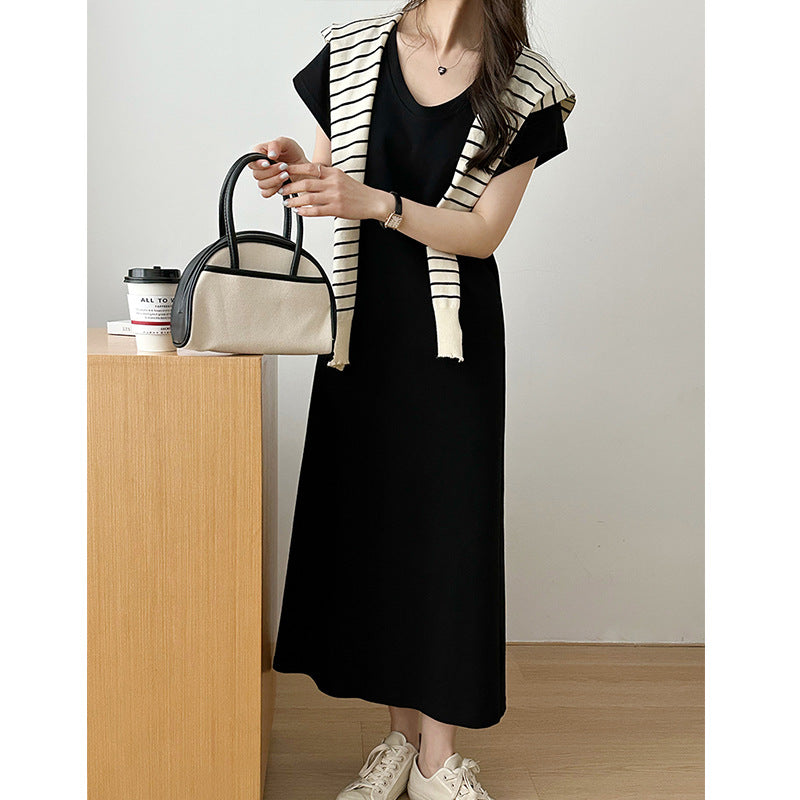 2025 popular summer Korean simple casual temperament solid color round neck retro niche slim 2342-1