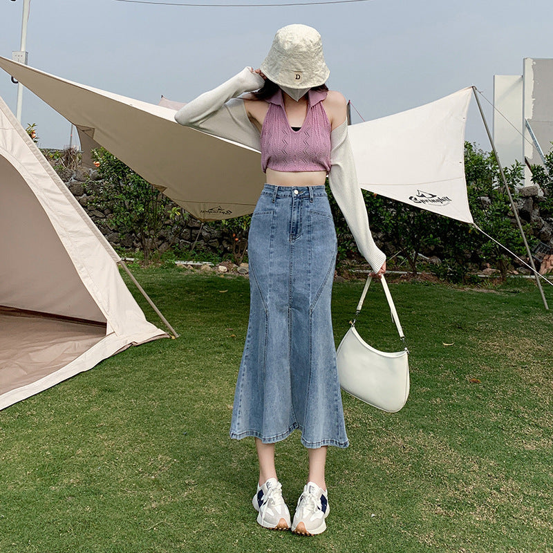 2025 Blue split-ended denim skirt women's popular new high-waisted and thin Spice Girl fishtail medium and long hip-wrapped skirt