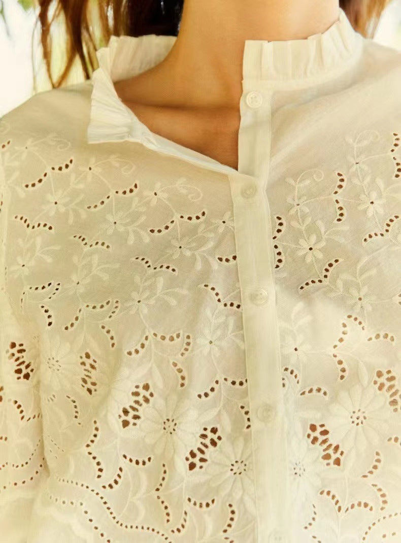 2025 literary shirt popular new hollow daisy embroidered cotton lace collar bubble sleeve shirt women 31514