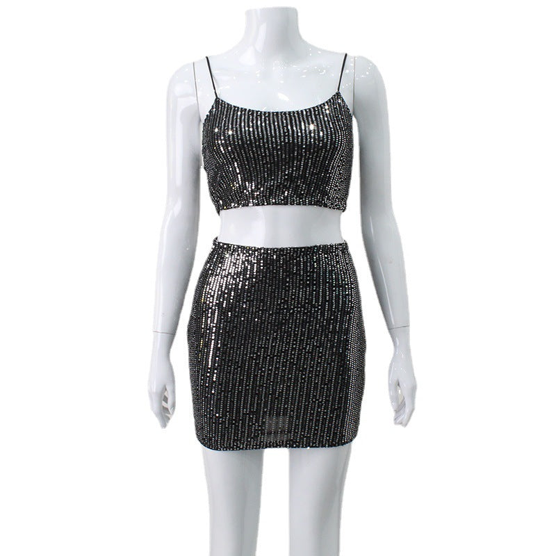 qgtao dti outfits Women's Super Shiny Sequined Tube Top Strap Hot Girl Suit Skirt Navel Sexy Two-Piece Suit