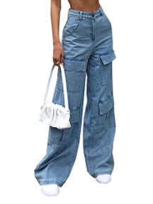 2025 Spot 2025 New women's jeans washed large pockets loose women's denim trousers