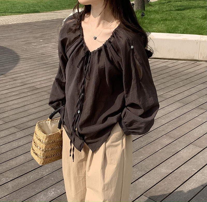 2025 2025 thin sunscreen shirt Korean temperament loose sweet strap design top 23060