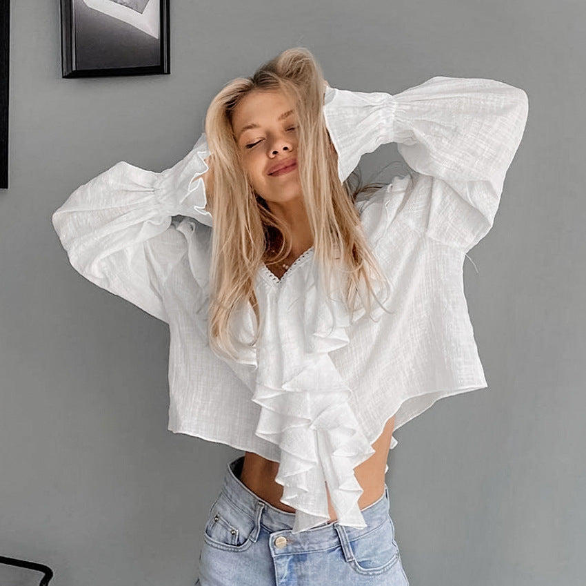 2025 popular pure cotton lace fashionable and sexy V-neck shoulder sleeves autumn and winter retro niche ruffle edge women's shirt