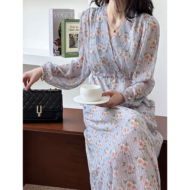 2025 2025 spring new Korean loose V-neck drawstring waist design long floral dress 2303