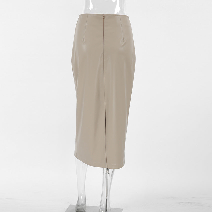 2025 Autumn and winter retro classic khaki velvet matte temperament thin PU leather high waist casual split skirt women