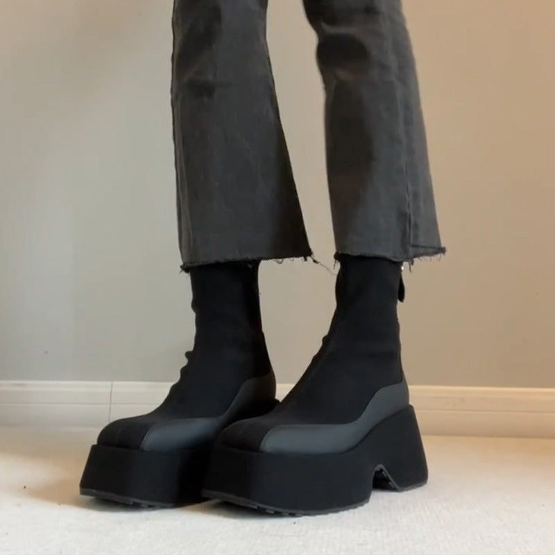 2025 Black Martin boots women's small thick-soled heightening zipper muffin bottom elastic thin boots after splicing
