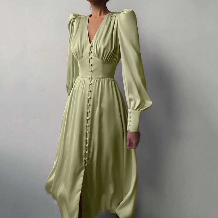 qgtao pop culture dress to impress 2024 Autumn and Winter Women's Long Dress V-neck Satin Court Waist-Tight Retro Dress Women