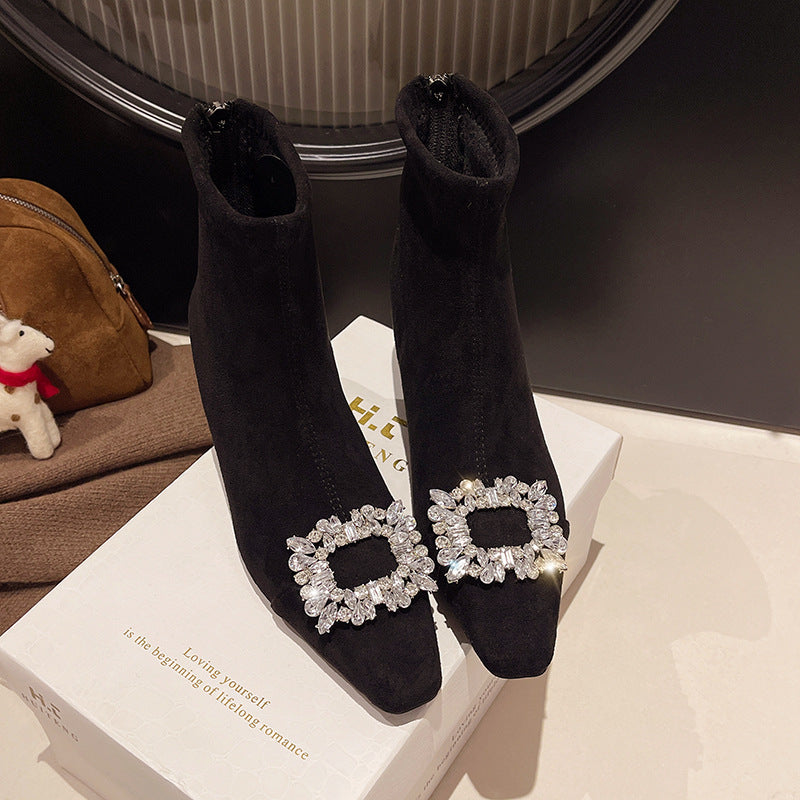 2025 Elastic thin boots women's popular winter new pointed rhinestone square buckle fashion velvet warm thin high-heeled short boots