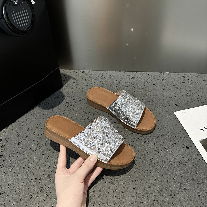 2025 popular summer new sequined one-word strap beef tendon sole flat-soled slippers women's shoes shiny Popular non-slip shoes