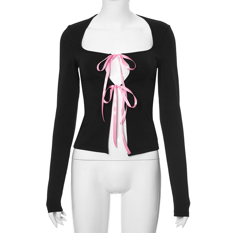 qgtao 2000s fashion Women's Spring New round Neck Trapezoidal Collar Long Sleeve Bow Tied Rope Cardigan T-shirt Top