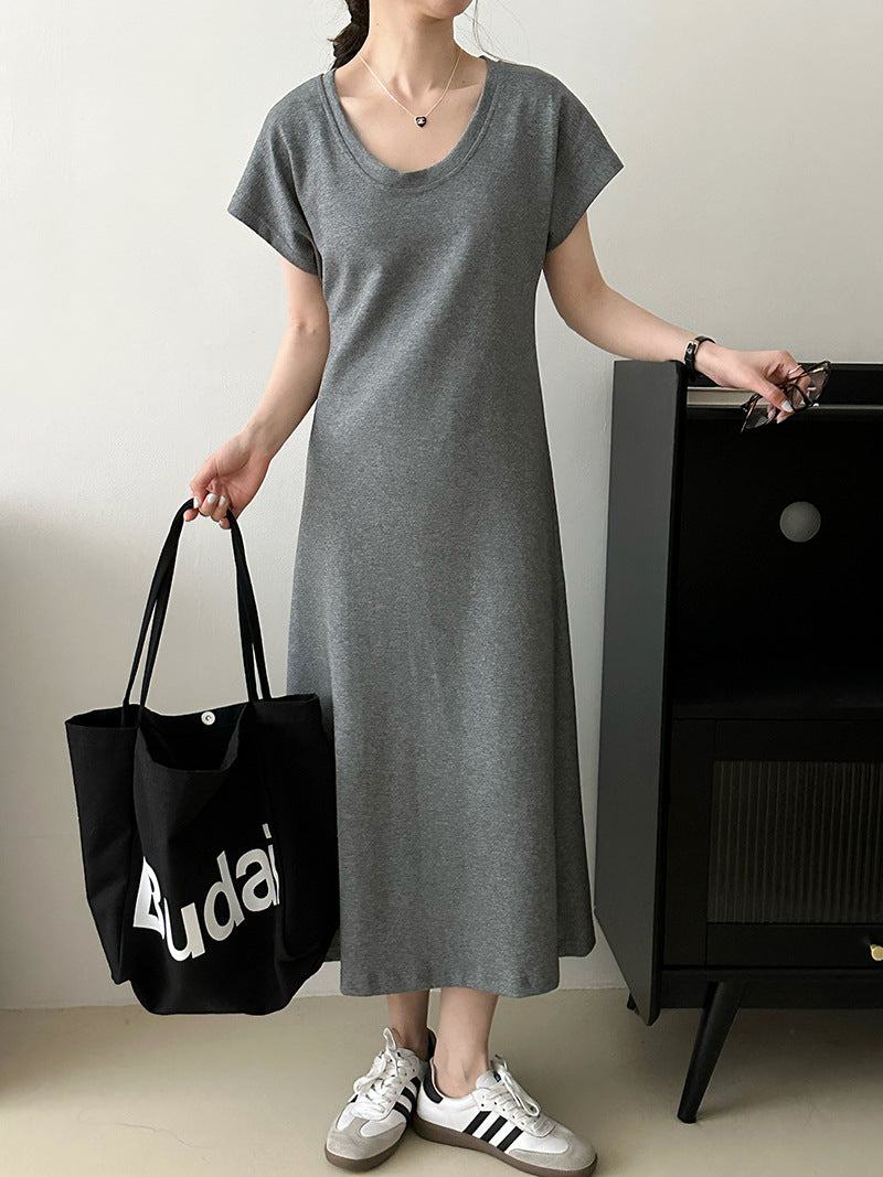 2025 popular summer Korean simple casual temperament solid color round neck retro niche slim 2342-1