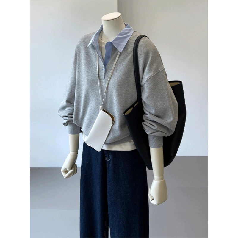 2025 spring clothing new college style contrasting color shirt neckline loose pullover sweater women