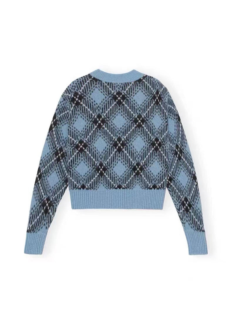 2025 GA Nordic women's clothing manufacturer autumn and winter women's sweater plaid profile round neck wool blended knitted pullover sweater women
