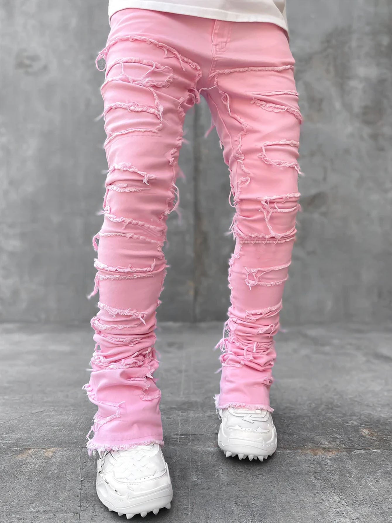 2025 Cross-border new men's denim straight pants, 2025 street fashion ins popular elastic sticker denim straight pants