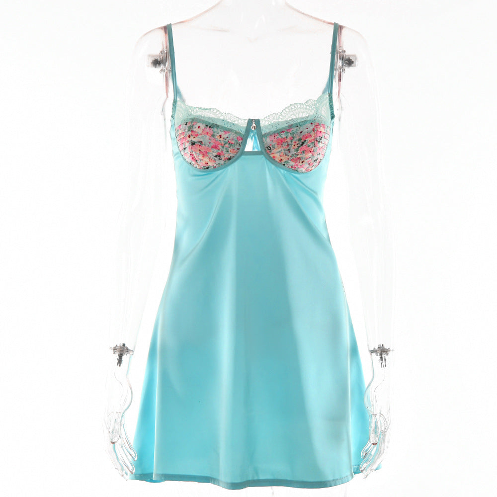 2025 Popular trade lace splicing sexy fun suspender short skirt strap low-cut dress summer women's versatile