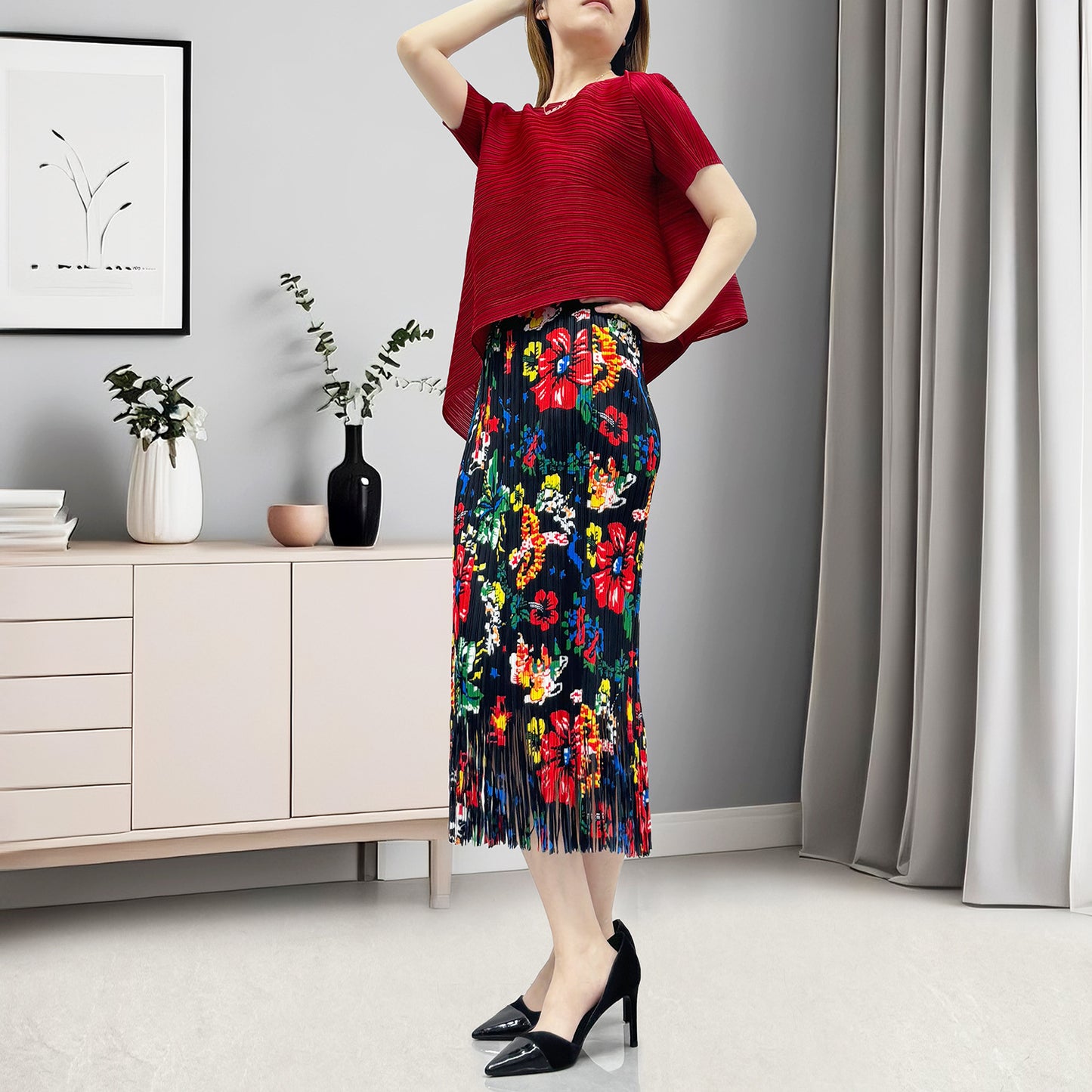 hot-selling women's summer suit two-piece set small retro printed fringed skirt high-end T-shirt