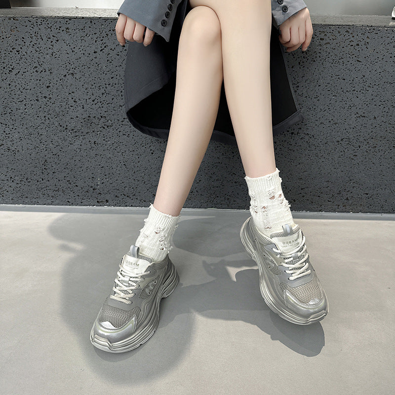 2025 Leather platform dad shoes women's popular autumn new Korean version breathable and versatile, light and non-slip casual sports shoes tide