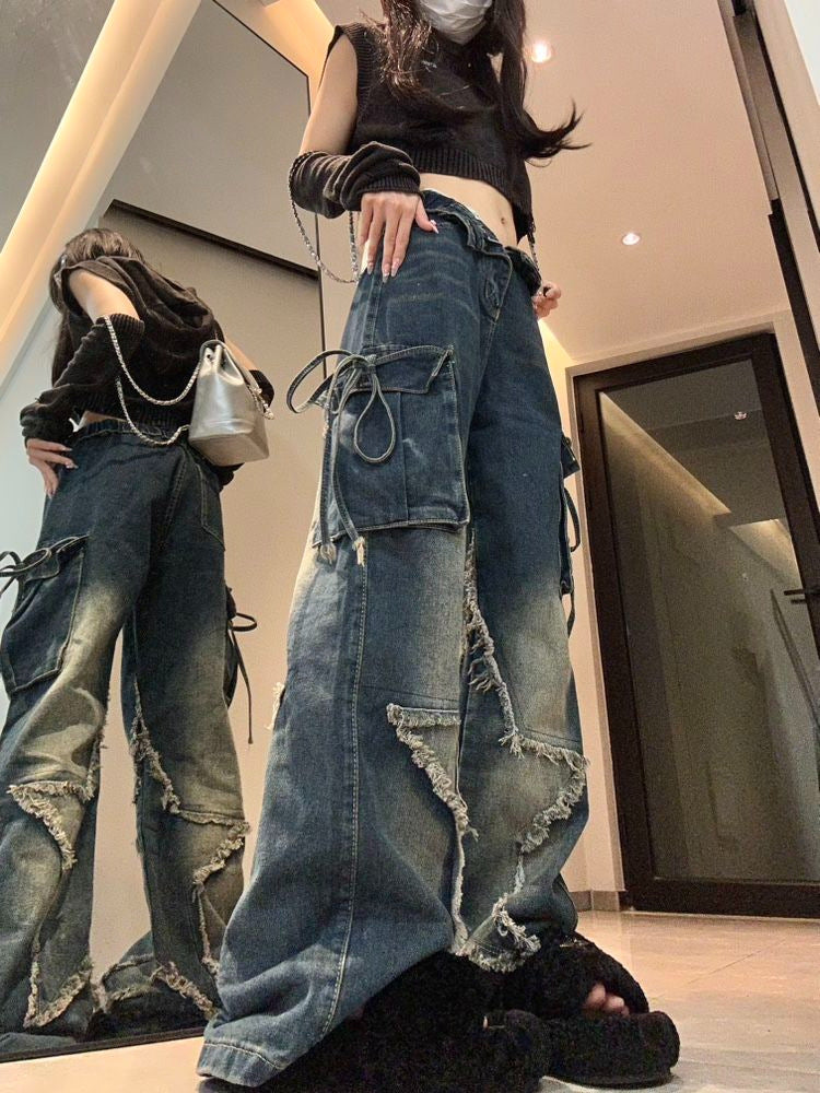 qgtao Y2k Trashy 2000s Blue Cargo Jeans Baggy Vintage 90s Aesthetic High Waist Cowboy Pants