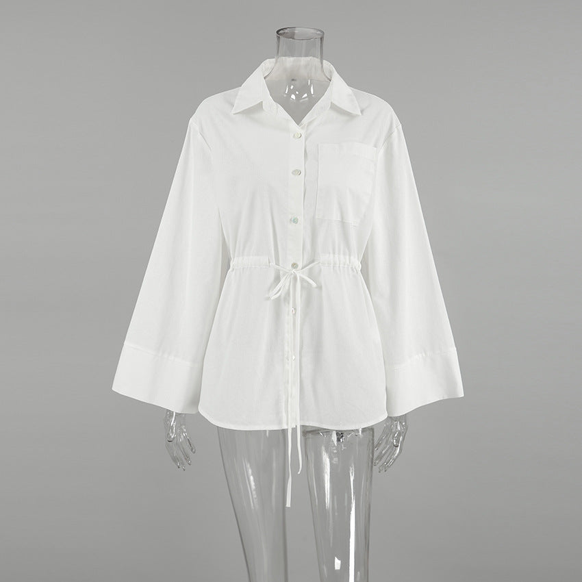 2025 Popularan, n spring and summer fashion simple design sense white cotton and linen loose lapel tie niche versatile women's shirt