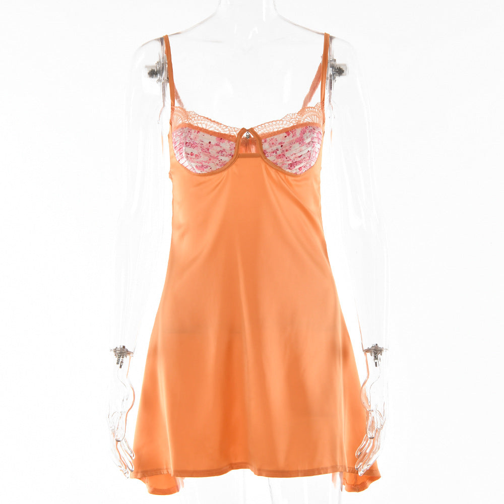 2025 Popular trade lace splicing sexy fun suspender short skirt strap low-cut dress summer women's versatile