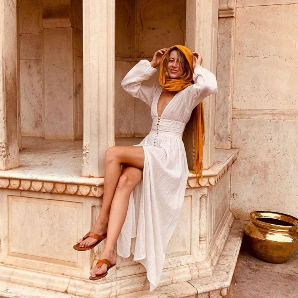 qgtao pop culture dress to impress Women's Clothing New French Style Retro V-neck Waist Pleated Loose Slit Temperament Long Sleeve Dress