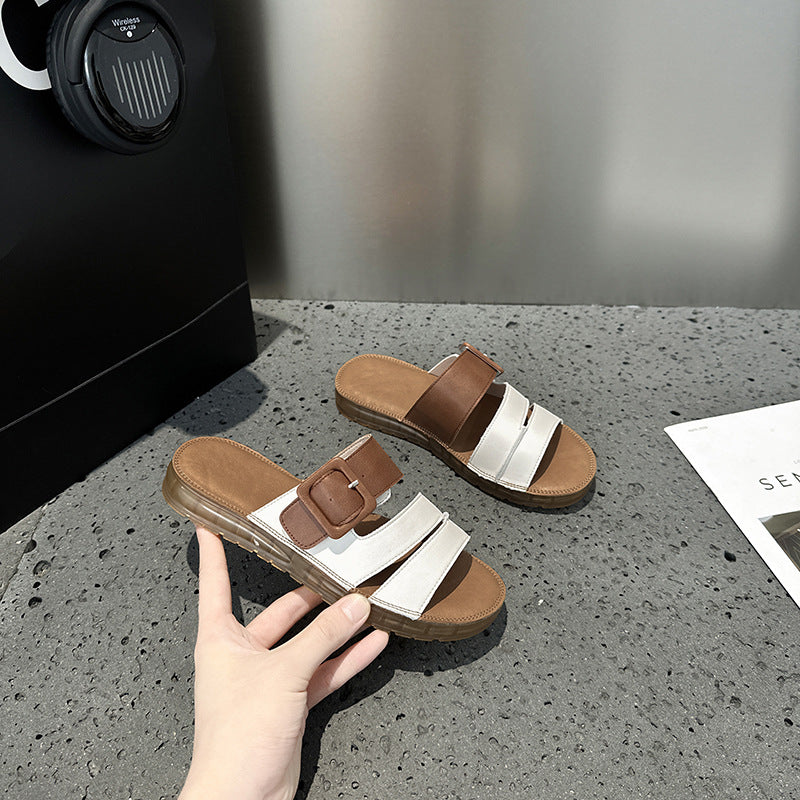 2025 popular summer new women's flat bottom beef tendon bottom leather soft bottom one word with soft bottom versatile with slippers