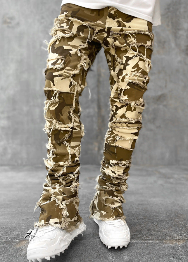 2025 Cross-border new men's denim straight pants, 2025 street fashion ins popular elastic sticker denim straight pants