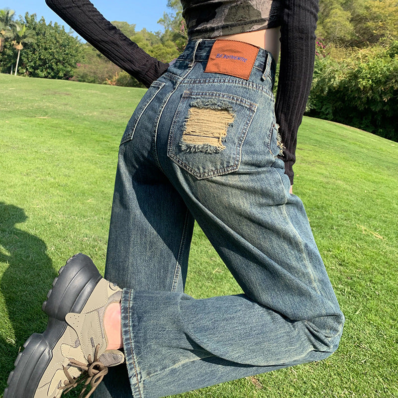 2025 Light blue retro blue black ripped jeans women's high waist and thin design sense straight narrow version loose wide-leg pants