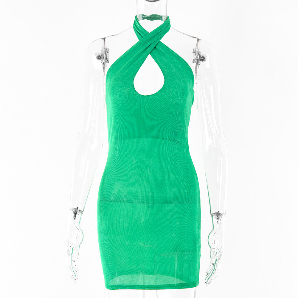 2025 ins style Popular trade New spring and summer solid color sexy slim and thin backless cross-neck dress