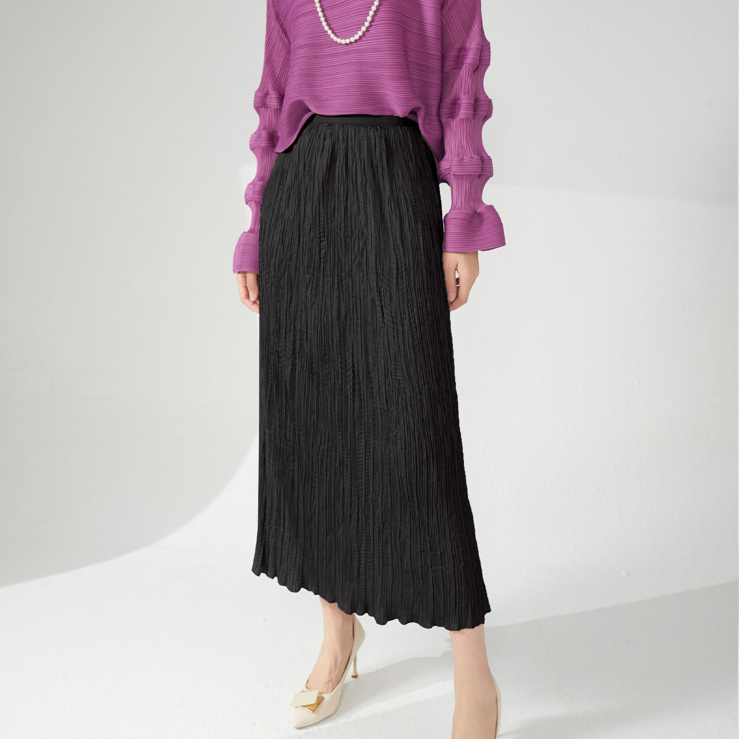 style skirt women's new fashion ins trendy solid color simple and versatile pleated medium and long straight skirt