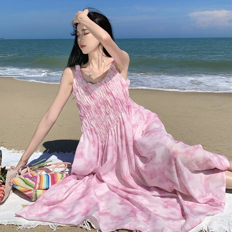 2025 Pink ink smudge printing suspender dress women's summer long and thin high-end seaside vacation skirt