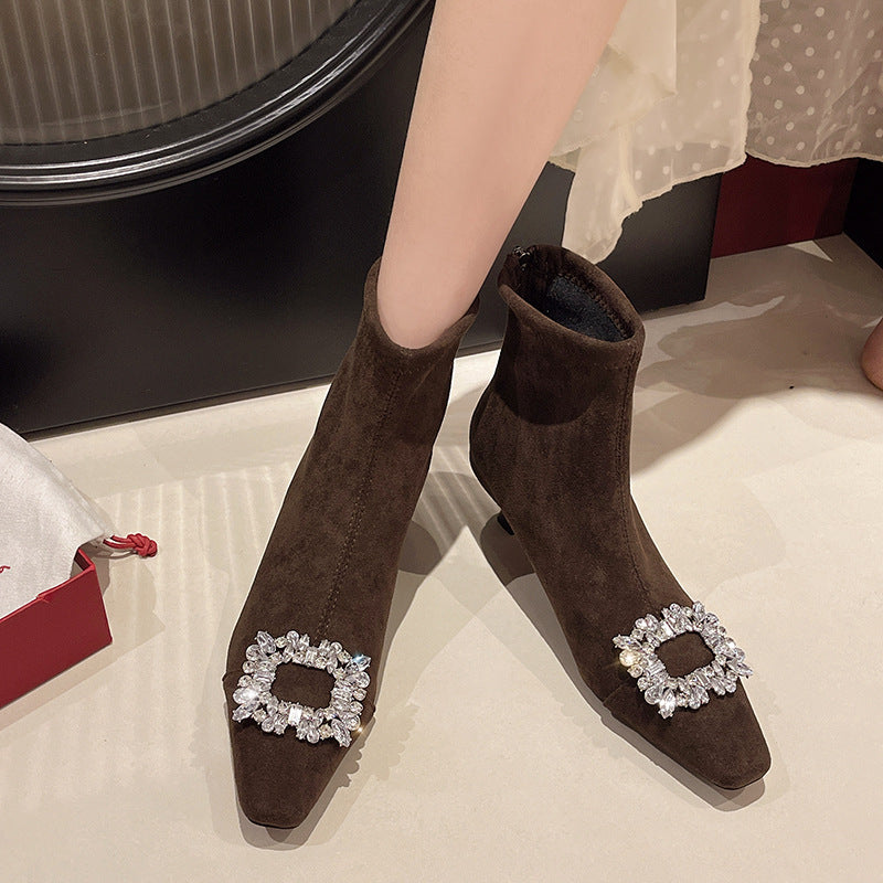 2025 Elastic thin boots women's popular winter new pointed rhinestone square buckle fashion velvet warm thin high-heeled short boots
