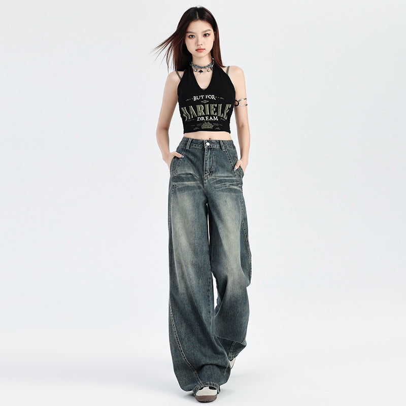 2025 Nostalgic straight jeans women's spring and autumn popular new high waist retro loose spice girl small wide-leg pants