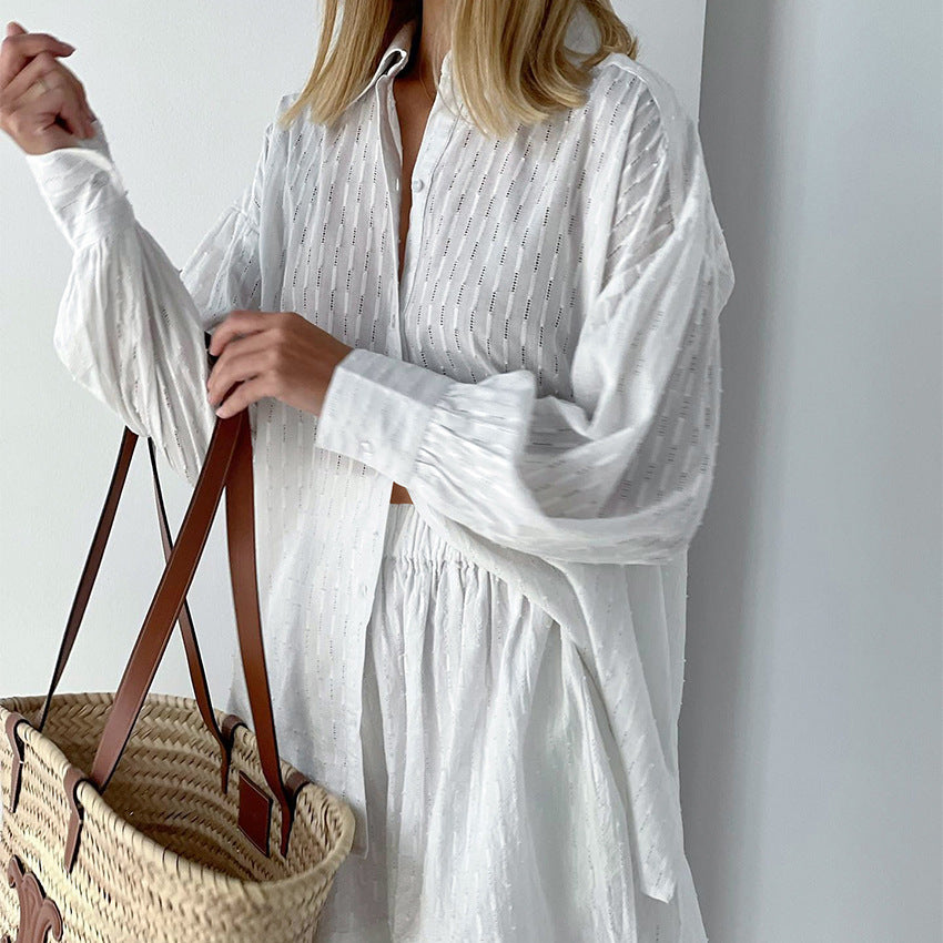 2025 popular Summer Women's Shirts Jacquard Bubble Sleeves Temperament Tops Shorts Commuter Design Casual Suit