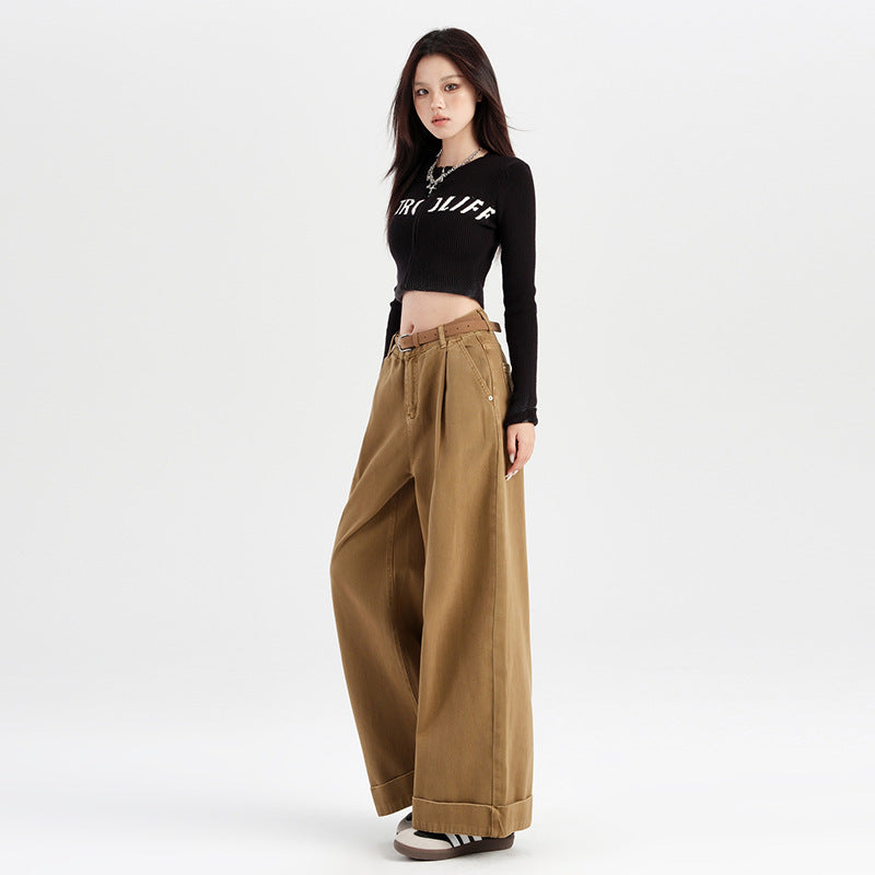 2025 straight dyeing popular autumn new angora red curled jeans women's high waist and thin wide-leg denim