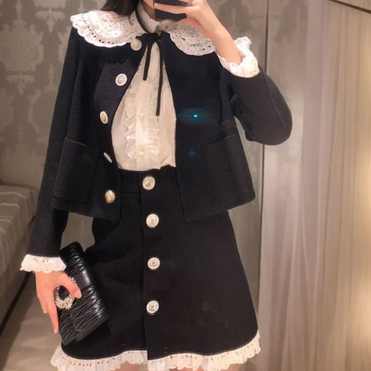 Celebrity Style Lace Suit Jacket A-shaped Skirt Autumn and Winter popular New Product Set Women's Two-piece Set
