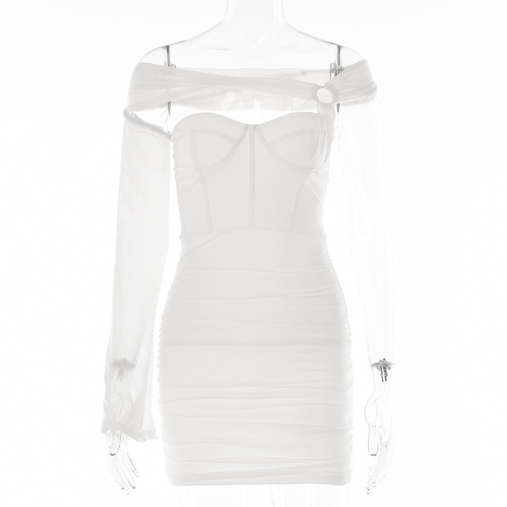 2025 New women's clothing sexy single rotator sleeve tight dress fashionable new backless tube top waist short skirt autumn