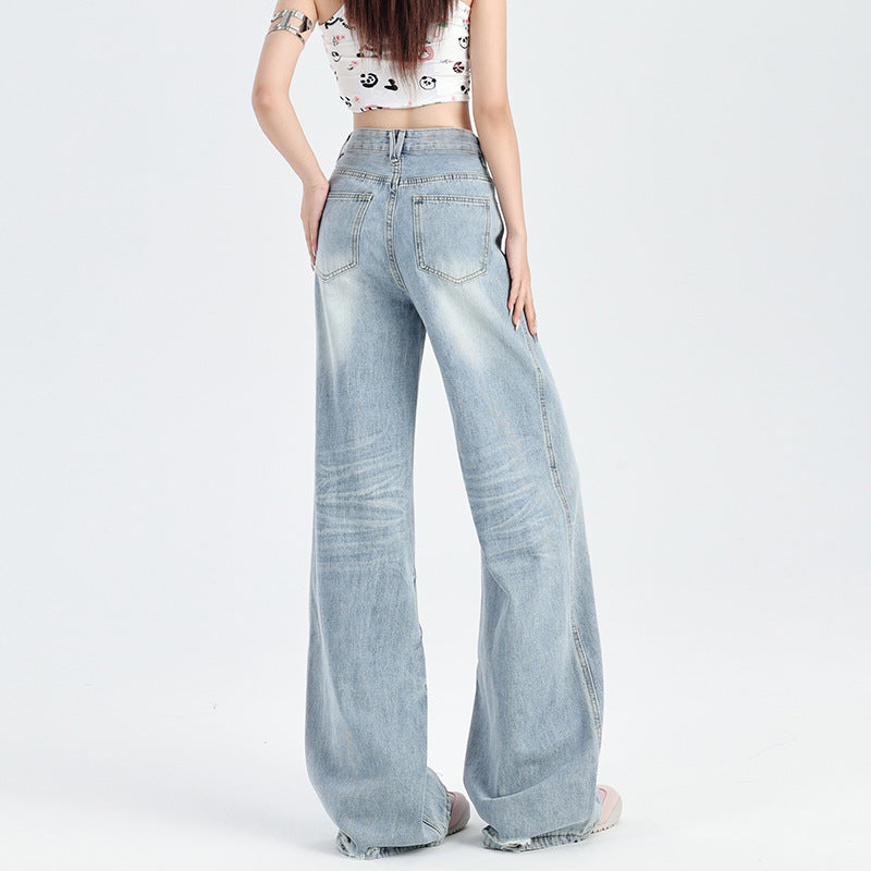 2025 Ripped Lazy Wind Jeans Women's Spring and Autumn popular New Skinny High Waist Small Straight Mopping Wide Leg Pants