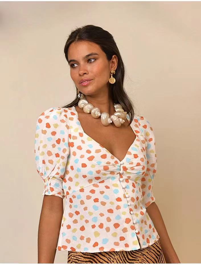 2025 RIpopular Spring and Summer New Linen Polka Dot Printed Peach Heart Low Neck V-Neck Bubble Sleeve Shirt Classic Shirt 31408