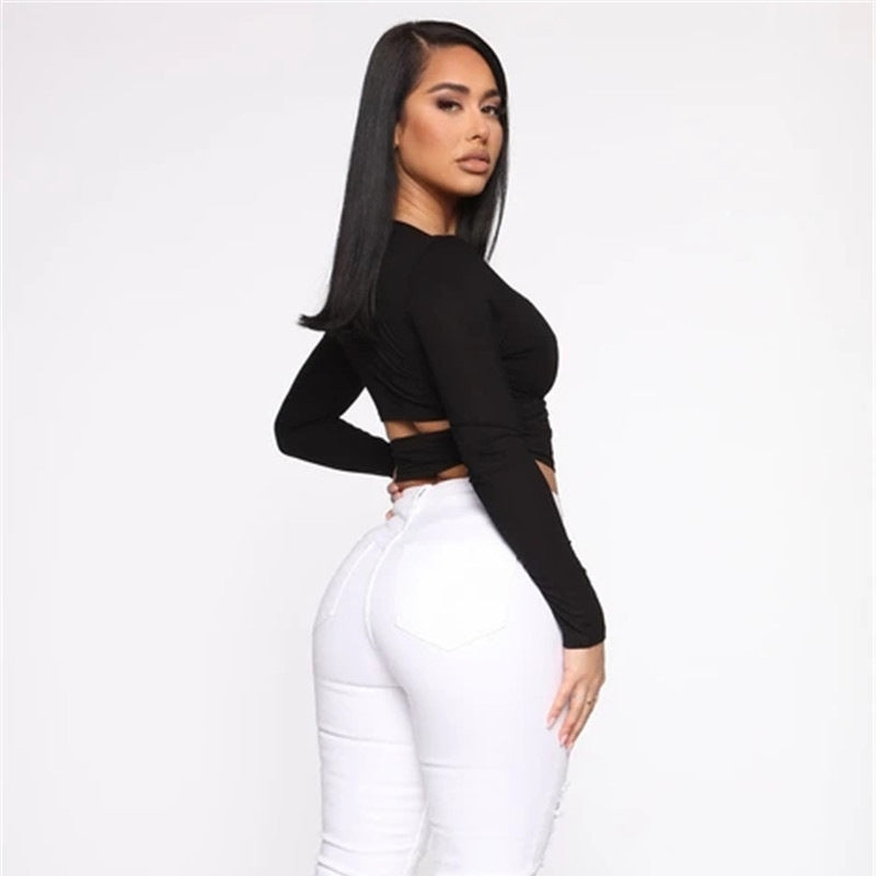 2025 style ins hot-selling women's clothing summer new sexy open-button top, light hollow chest wrapping strap crew neck T-shirt