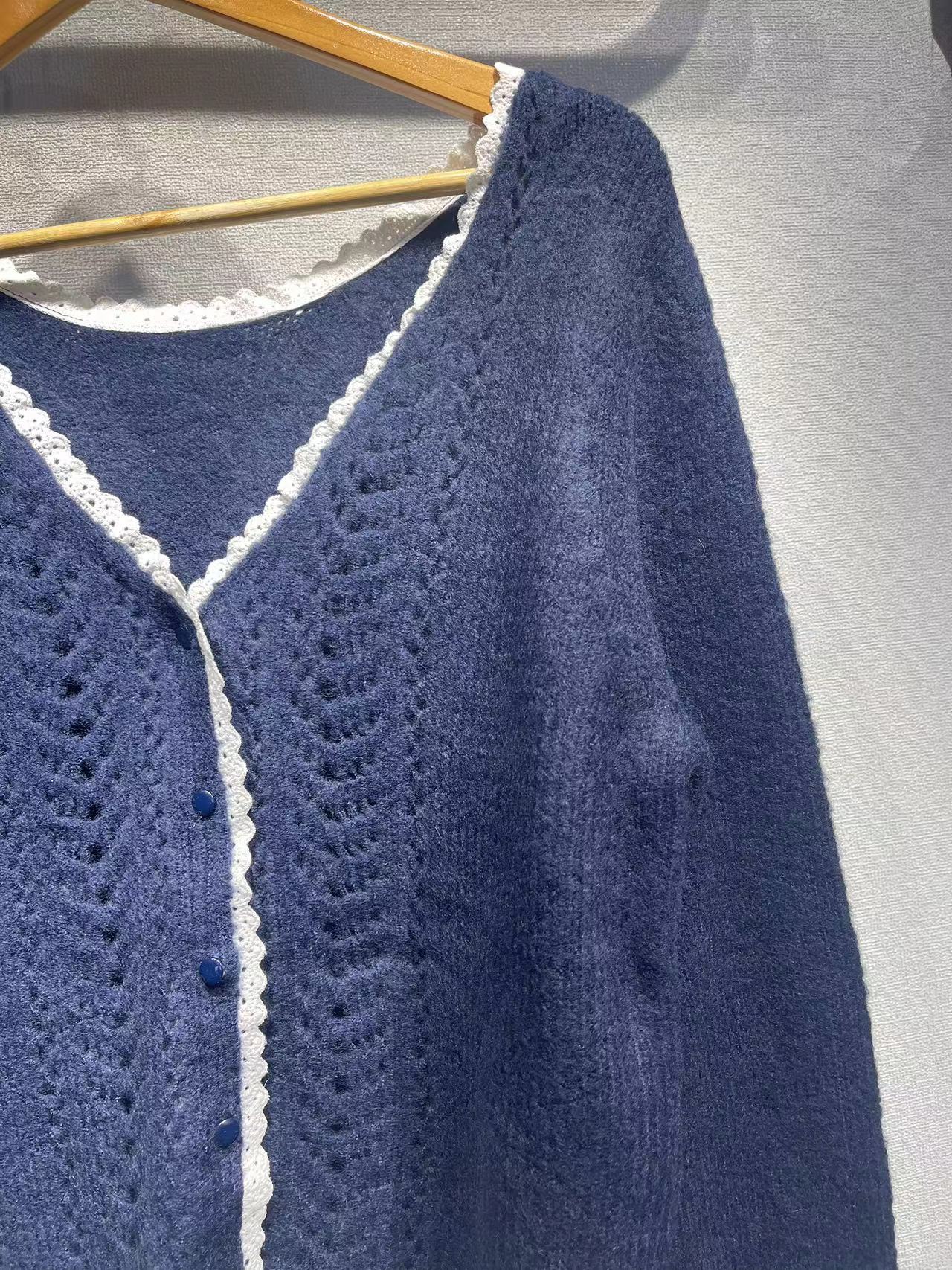 2025 new retro lace V-neck mohair blend long-sleeved knitted cardigan jacket lazy wind sweater jacket