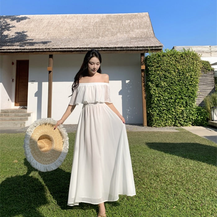2025 Fairy beautiful one-word shoulder purple beach dress chiffon drape seaside vacation dopamine dress super fairy wear