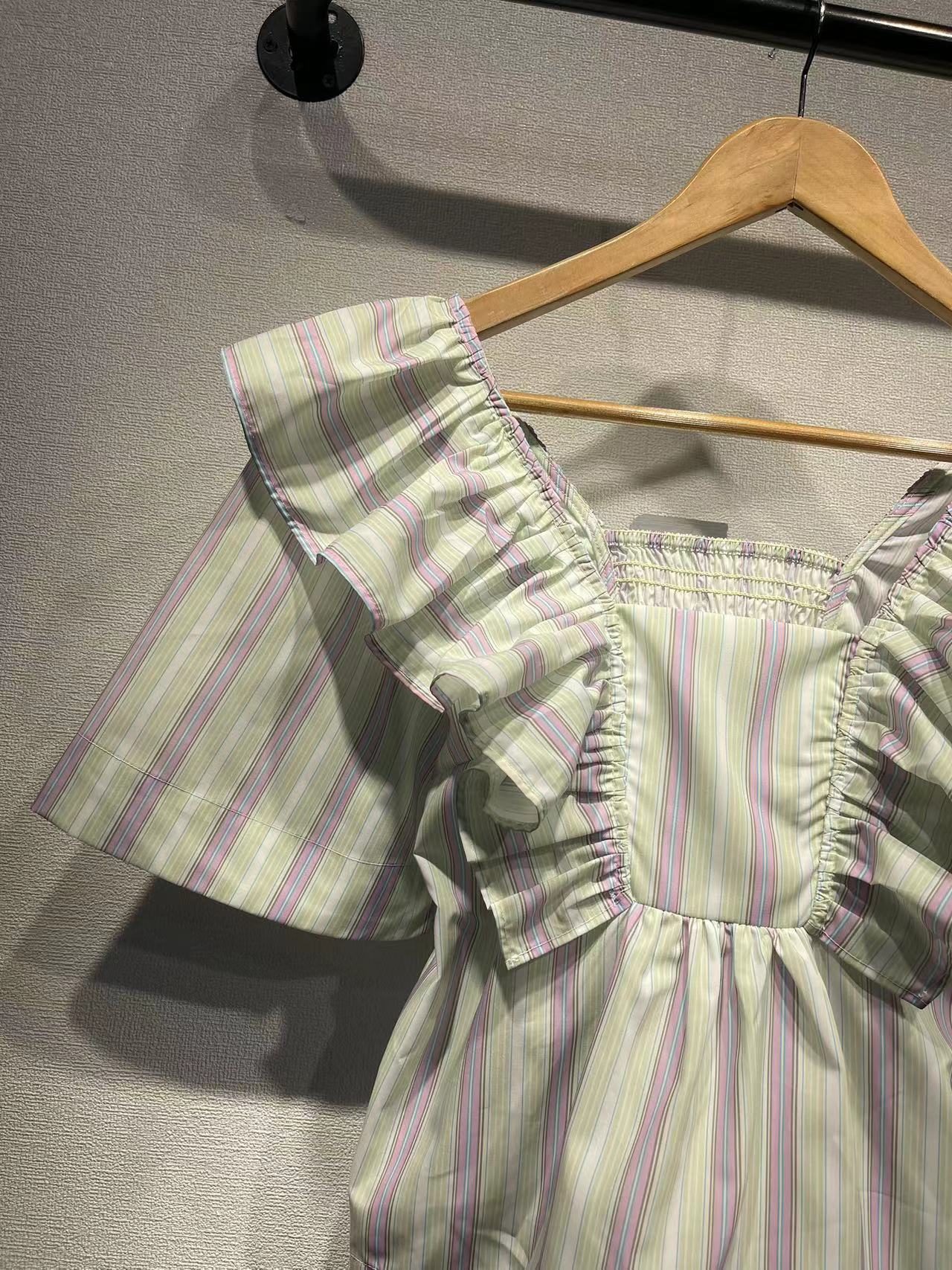 2025 GA Home Fresh and Sweet Striped Lotus Leaf Edge Square Neck Short Sleeve Cotton Shirt Cute Doll Neck Shirt Women's Premium Sense