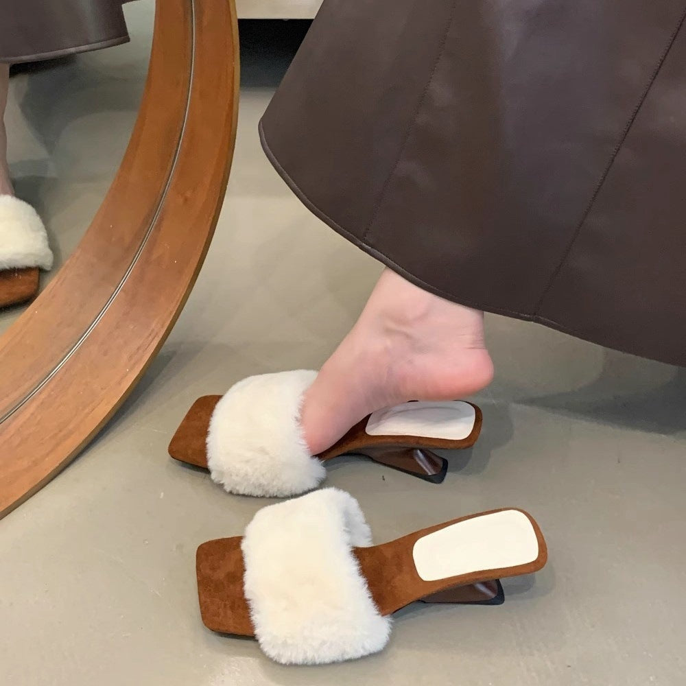 2025 Gentle wind slope heel fluffy slippers female popular autumn and winter height increase fairy with skirt cotton slippers